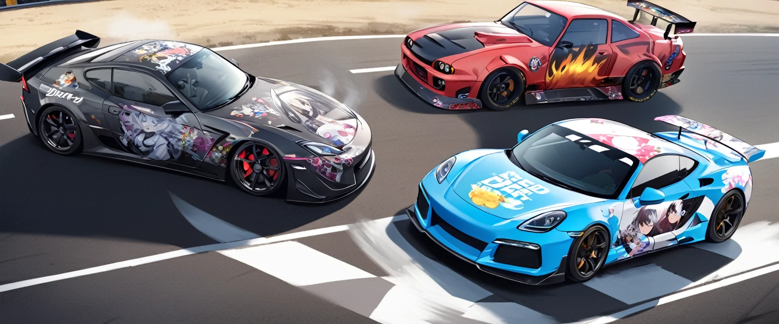 Two sports cars、race、Dead Heat、((The hood has a Japanese anime girl printed on it.))、((Car wrapping))、Itasha、drift、battle、Dead Heat、Winding Road、Speed