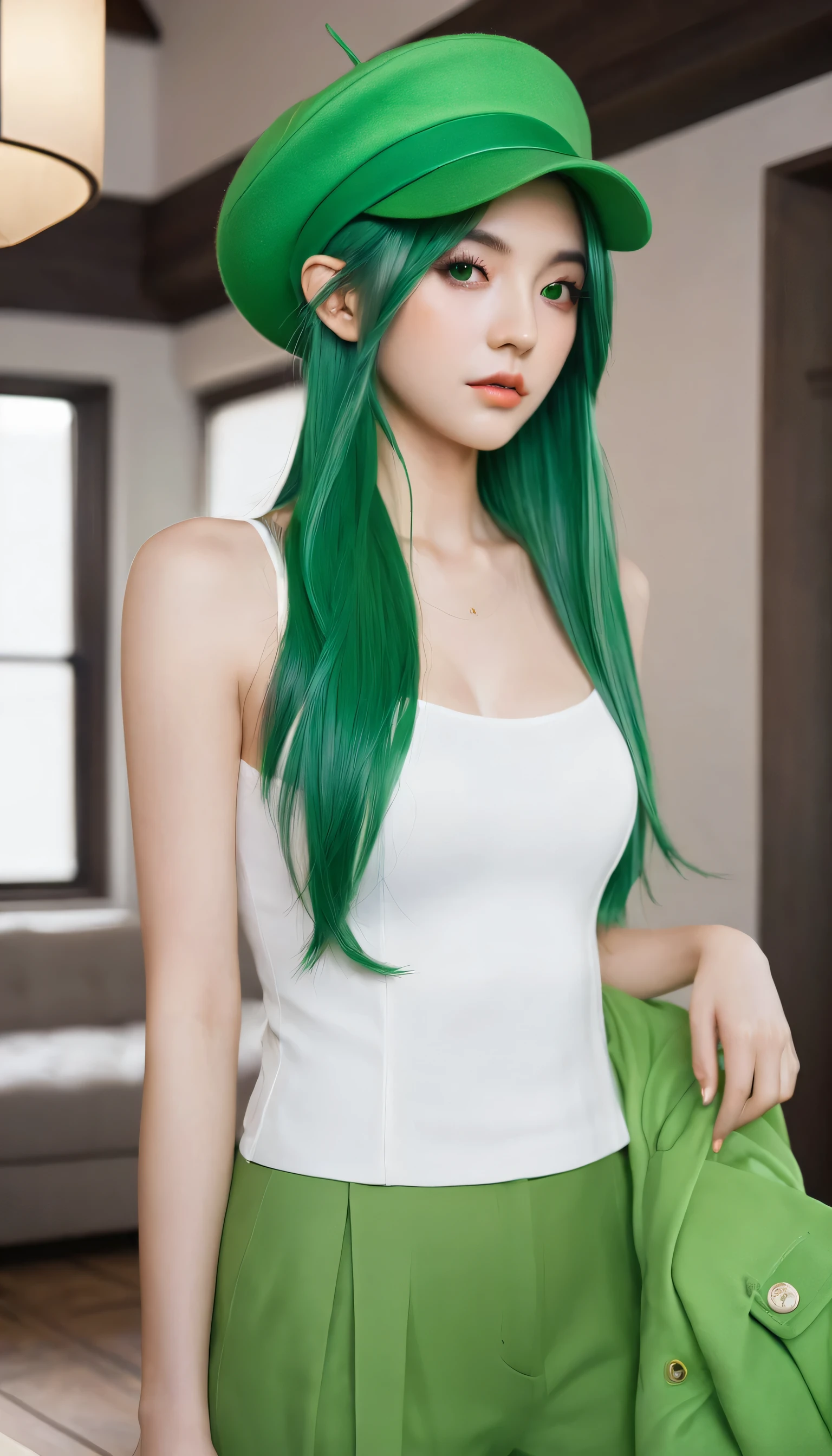 1girl,green- hair, while you look prettying, body aesthetics