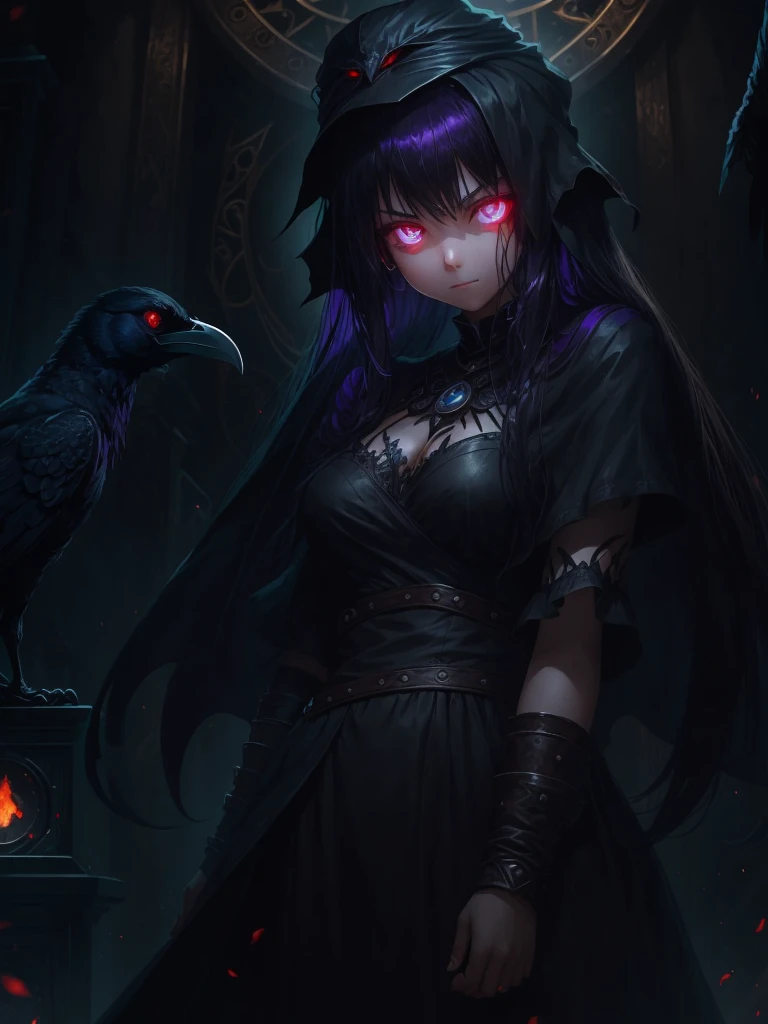 girl, dark, glowing eyes, evil, evil and scary look, raven nearby