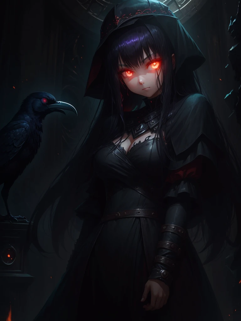 girl, dark, glowing eyes, evil, evil and scary look, raven nearby