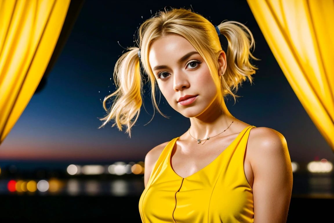 Obra maestra, foto en bruto de 8k muy detallada, best cinematographic quality, surround volumetric lighting and shadows of a beautiful blonde girl in a yellow comic dress with aquamarine eyes, Toma desde el punto de vista, fondo del club nocturno, retrato Harley Quinn look influencer