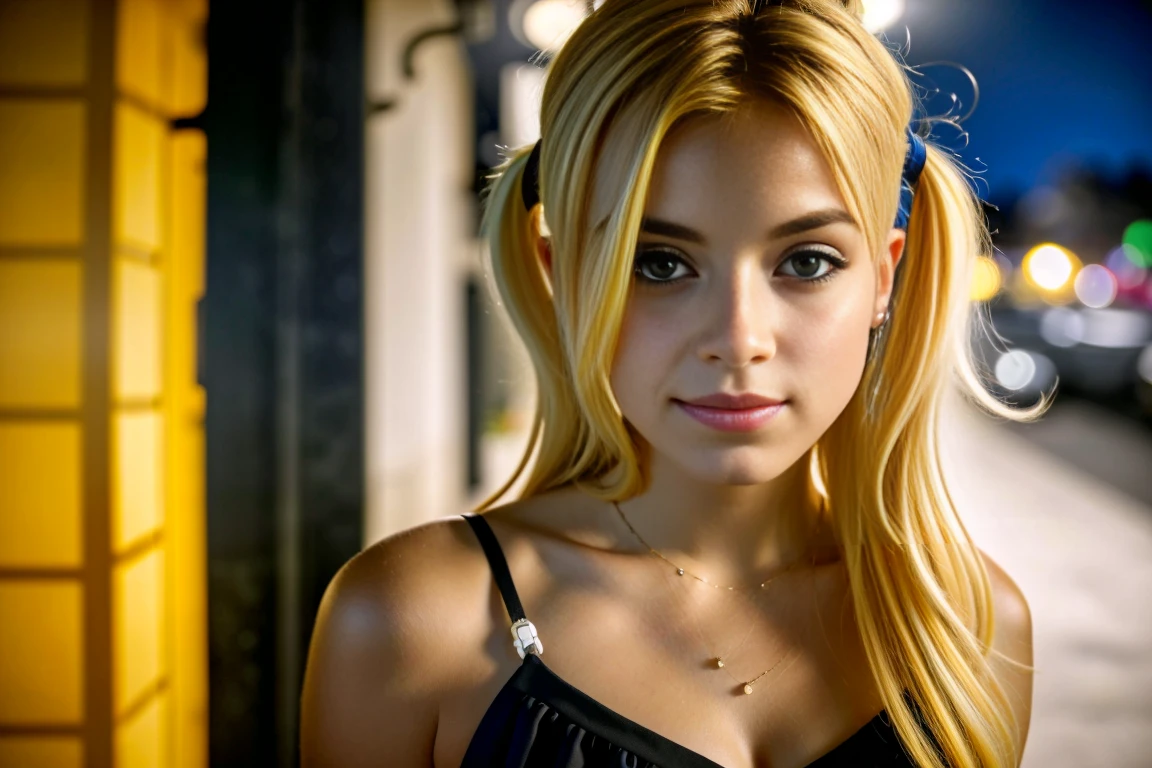 Obra maestra, foto en bruto de 8k muy detallada, best cinematographic quality, surround volumetric lighting and shadows of a beautiful blonde girl in a yellow comic dress with aquamarine eyes, Toma desde el punto de vista, fondo del club nocturno, retrato Harley Quinn look influencer