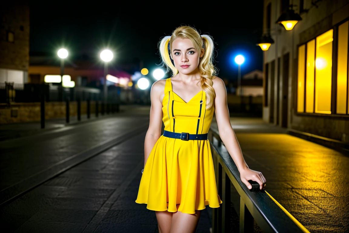 Obra maestra, foto en bruto de 8k muy detallada, best cinematographic quality, surround volumetric lighting and shadows of a beautiful blonde girl in a yellow comic dress with aquamarine eyes, Toma desde el punto de vista, fondo del club nocturno, retrato Harley Quinn look influencer