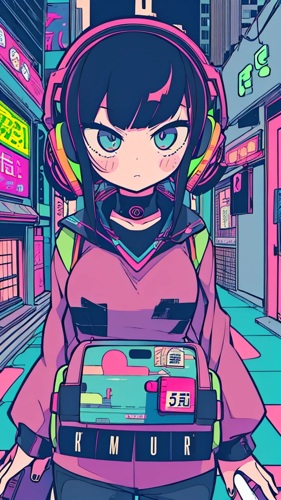 Best quality, (masterpiece:1.2), best detail face,1 girl is walking, big breasts, 18 yo, 8k,absurdres,unity 8k wall paper,(extremely detailed:1.3), highest realistic, (retro headphones:1.1),(psychedelic:1.2),Retro cityscape, 1girl in, retro artstyle, neon art style_Pop, public, outside of house, street signs, loose clothing, 18 yo,Lots of signs with kanji written on them, ((retro city　mood)), dark natural pallet