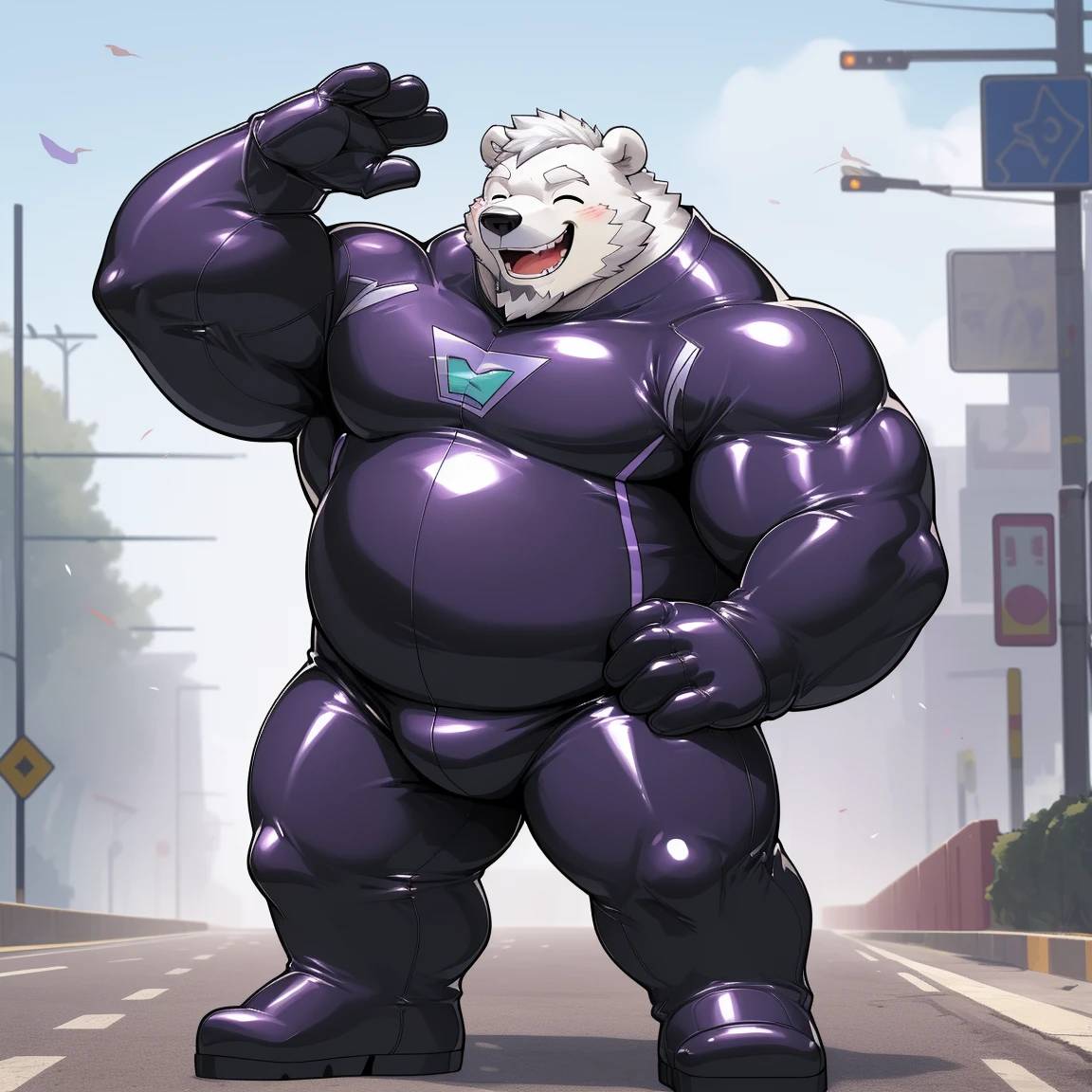 masterpiece, best quality, 8k resolution, Very detailed, hairy,(((polar bear)),(((Mature))),(((beard))),(((Strong))),(((White hair all over body))),portrait,(((White hair))),(((Roadside))),(((Left hand on waist))),For the audience,(((Purple gel coat))),(((Tight rubber suit))),Highest quality scene,Solitary,solitary,(((whole body))),(((With eyes closed))),(((Right hand salute))),(((Standing with legs apart))),(((Laughing))),((Fat-enclosed muscle)),(((Round face))),(((alone))),(((Strong body))),(((Hip bulge))),(((huge))),(((Super hero)))