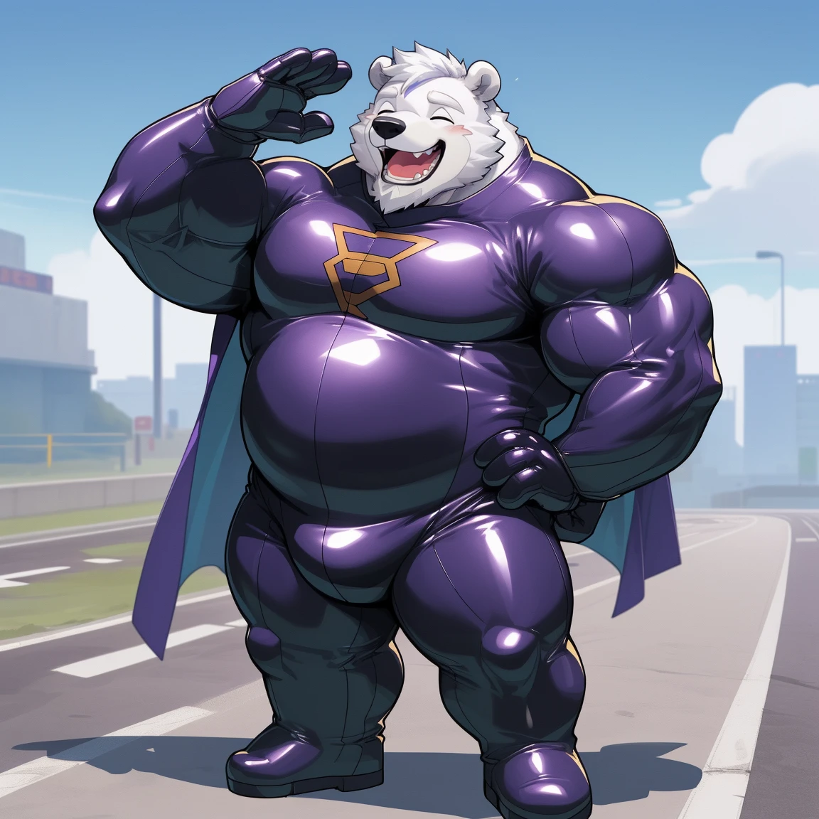 masterpiece, best quality, 8k resolution, Very detailed, hairy，(((polar bear))，(((Mature)))，(((beard))),(((Strong)))，(((White hair all over body)))，portrait，(((White hair)))，(((Roadside)))，(((Left hand on waist)))，For the audience，(((Purple gel coat))),(((Tight rubber suit)))，Highest quality scene，Solitary，solitary，(((whole body)))，(((With eyes closed)))，(((Right hand salute)))，(((Standing with legs apart)))，(((Laughing)))，((Fat-enclosed muscle))，(((Round face)))，(((alone)))，(((Strong body)))，(((Hip bulge)))，(((huge)))，(((Super hero)))
