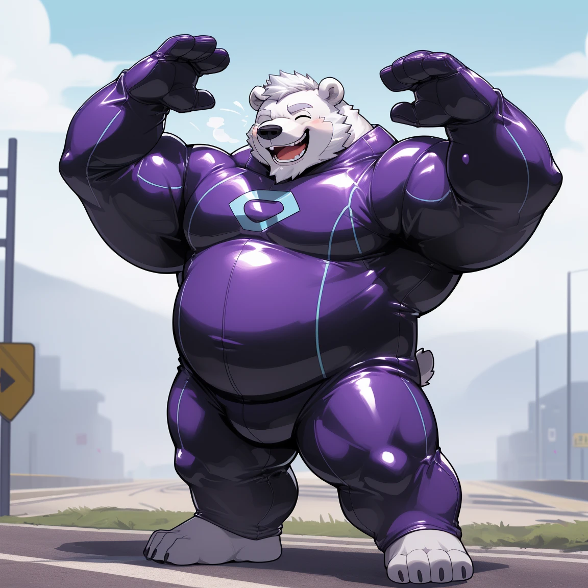 masterpiece, best quality, 8k resolution, Very detailed, hairy,(((polar bear)),(((Mature))),(((beard))),(((Strong))),(((White hair all over body))),portrait,(((White hair))),(((Roadside))),(((Left hand on waist))),For the audience,(((Purple gel coat))),(((Tight rubber suit))),Highest quality scene,Solitary,solitary,(((whole body))),(((With eyes closed))),(((Right hand salute))),(((Standing with legs apart))),(((Laughing))),((Fat-enclosed muscle)),(((Round face))),(((alone))),(((Strong body))),(((Hip bulge))),(((huge))),(((Super hero)))