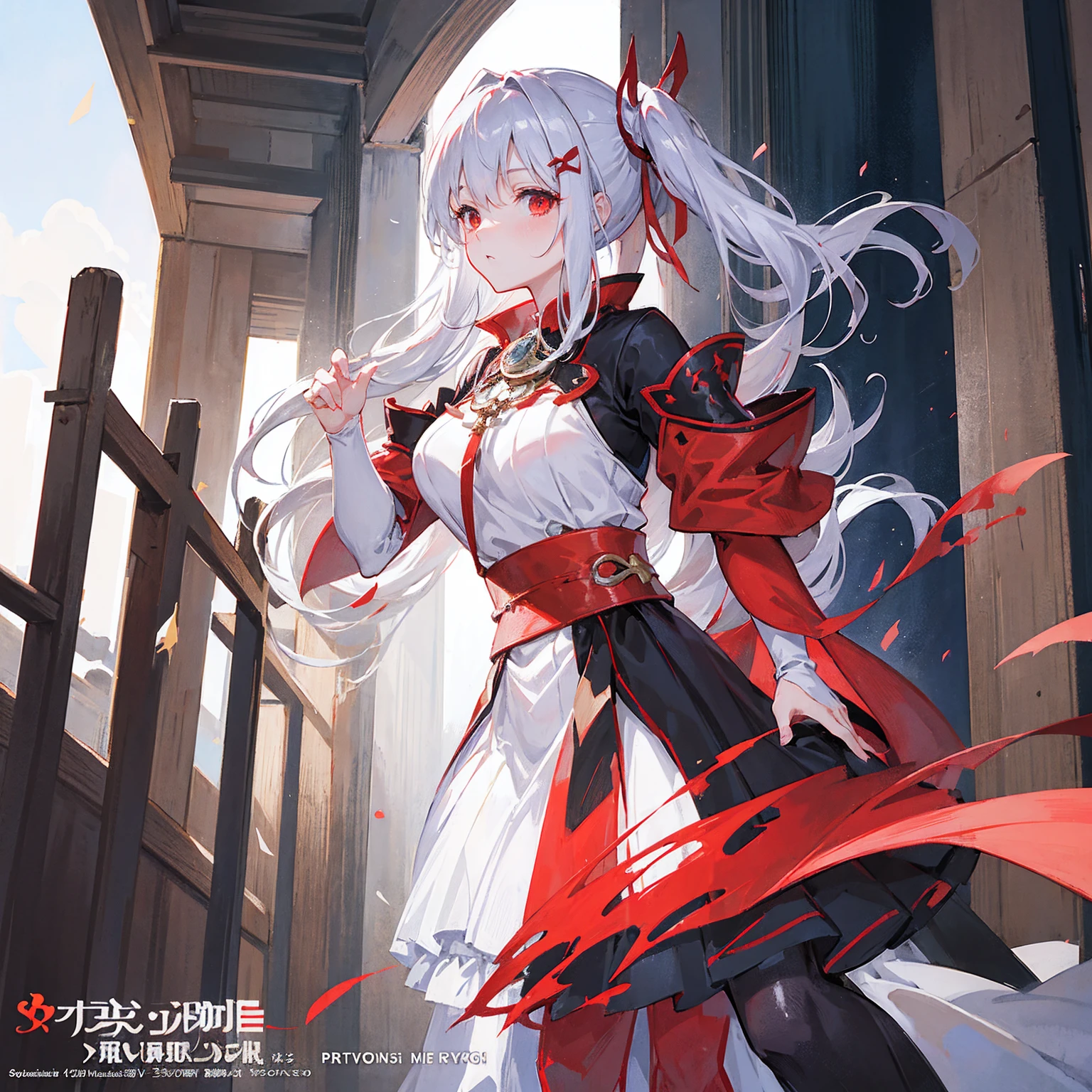 Wearing a red and white dress、anime girl holding sword, Highly detailed official artwork, Epic Light Novel Cover Art, epic Light novel cover art, Silver and red armor, guweiz on pixiv artstation, Anime style 4K, Detailed key animation art, Light novel cover art, Anime Fantasy Artwork,White hair and red eyes,Side Ponytail,Waist-length hair,one person,Portraiture,Look forward