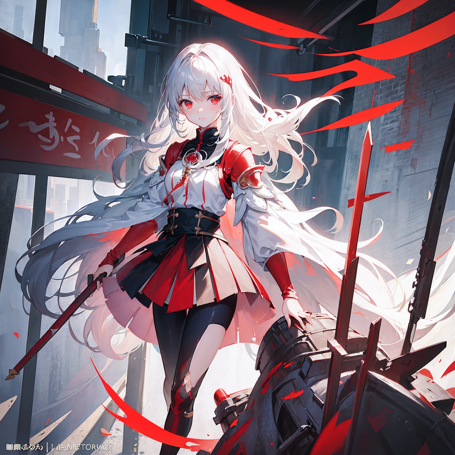 Wearing a red and white dress、anime girl holding sword, Highly detailed official artwork, Epic Light Novel Cover Art, epic Light novel cover art, Silver and red armor, guweiz on pixiv artstation, Anime style 4K, Detailed key animation art, Light novel cover art, Anime Fantasy Artwork,White hair and red eyes,Side Ponytail,Waist-length hair,one person,Portraiture,Look forward