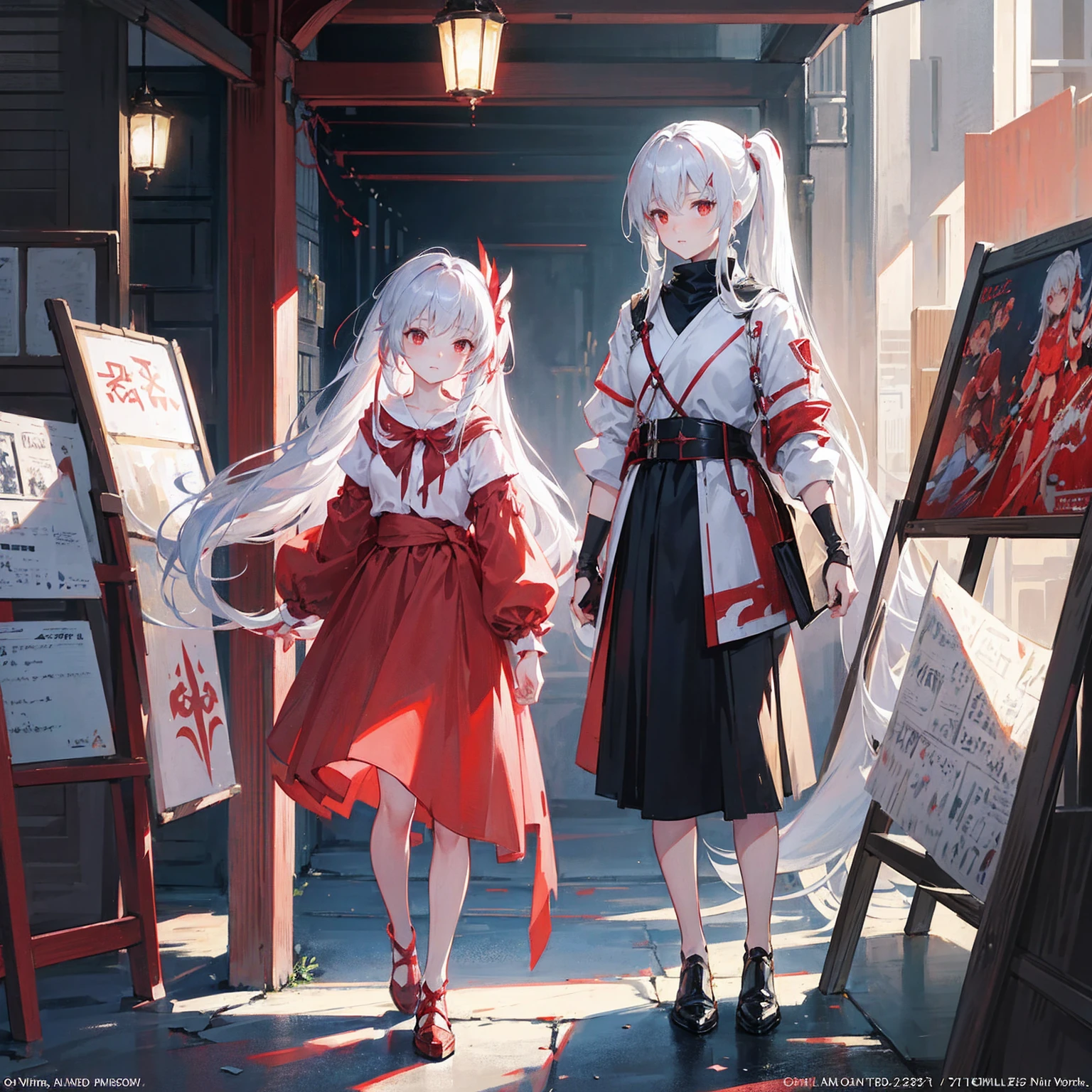 Wearing a red and white dress、anime girl holding sword, Highly detailed official artwork, Epic Light Novel Cover Art, epic Light novel cover art, Silver and red armor, guweiz on pixiv artstation, Anime style 4K, Detailed key animation art, Light novel cover art, Anime Fantasy Artwork,White hair and red eyes,Side Ponytail,Waist-length hair,one person,Portraiture,Look forward