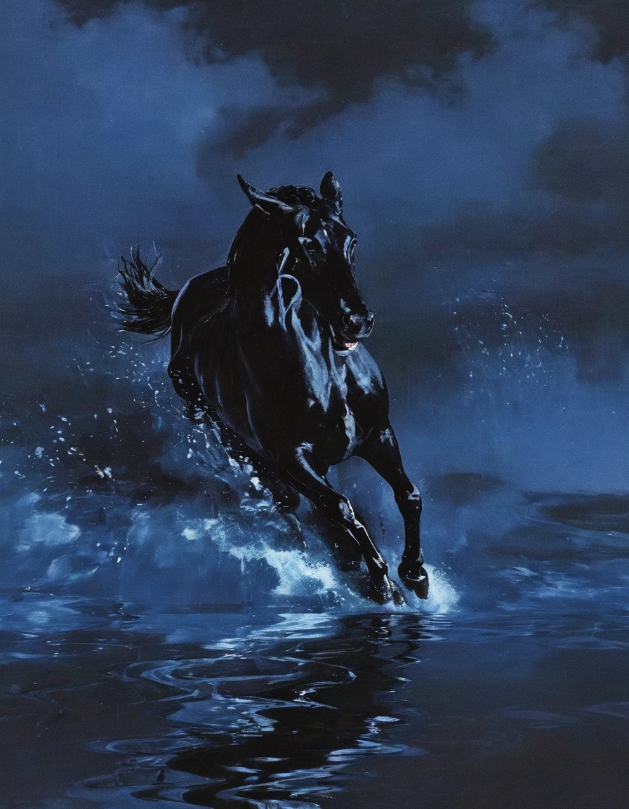 black horse in sea at night, blue background