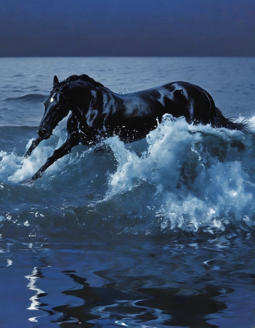 black horse in sea at night, blue background