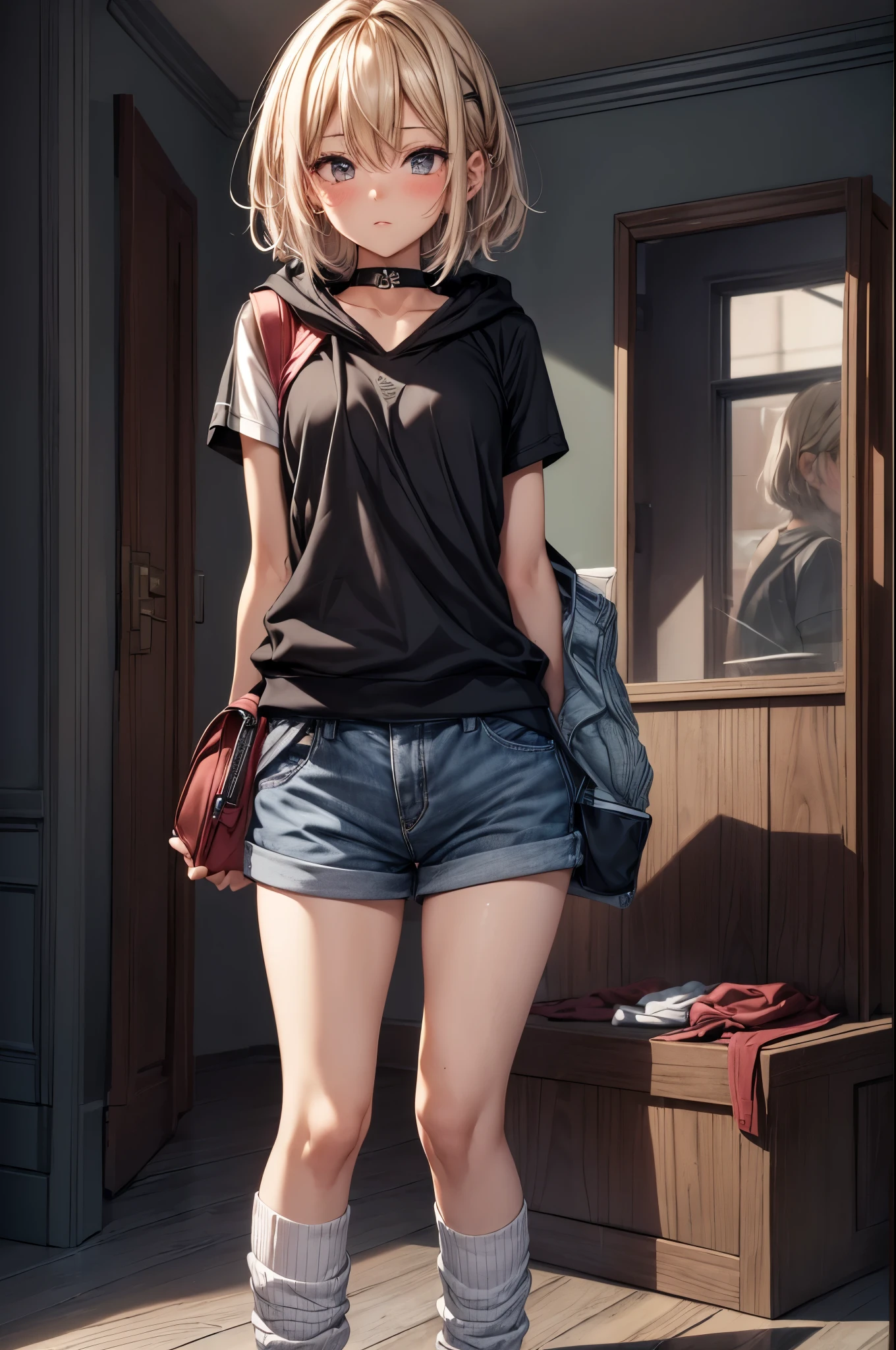 best quality,ultra-detailed,((background:inside the room1,8)),((full body)),((one boy)),((sissy boys)),((fem boy)),((trap)),((bulge)),((hugging own legs)),black-choker,((blonde short hair)),((man’s face)),((dress up as a woman)),((blush)),((flustred)),((poor chest)),((flat chest)),(hooded jacket),(off-shoulder tops),(black-mesh-tops),(denim shorts),(short-length-leggings),(leggings-in black),(white loose socks),(sneakers),((having a shoulder-bag)),vibrant colors,soft lighting,