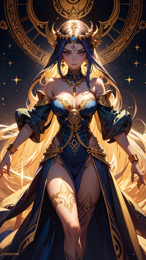 (The Goddess of Sand, beautifully decorated like in the movie, Golden Dress, Shiny gold tattoo), (Galactic Shaman with Quantum Energy Fantasy), Fantasy magic, Long Hair, Dark light night, complicated, Mysterious, Sharp focus, figure, Very detailed, Digital Painting, コンセプトart, mat, (art：WLOP), (Justin Gerard and Jason Edmiston: 1.5), (By Gregg Rutkowski: 0.4), (Alphonse Mucha: 0.4), masterpiece