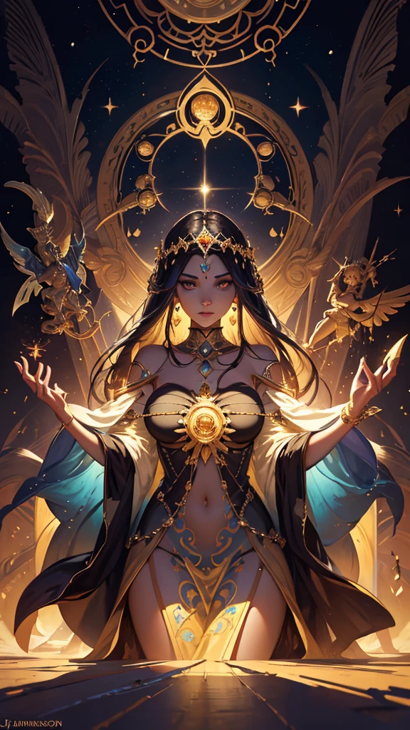 (The Goddess of Sand, beautifully decorated like in the movie, Golden Dress, Shiny gold tattoo), (Galactic Shaman with Quantum Energy Fantasy), Fantasy magic, Long Hair, Dark light night, complicated, Mysterious, Sharp focus, figure, Very detailed, Digital Painting, コンセプトart, mat, (art：WLOP), (Justin Gerard and Jason Edmiston: 1.5), (By Gregg Rutkowski: 0.4), (Alphonse Mucha: 0.4), masterpiece