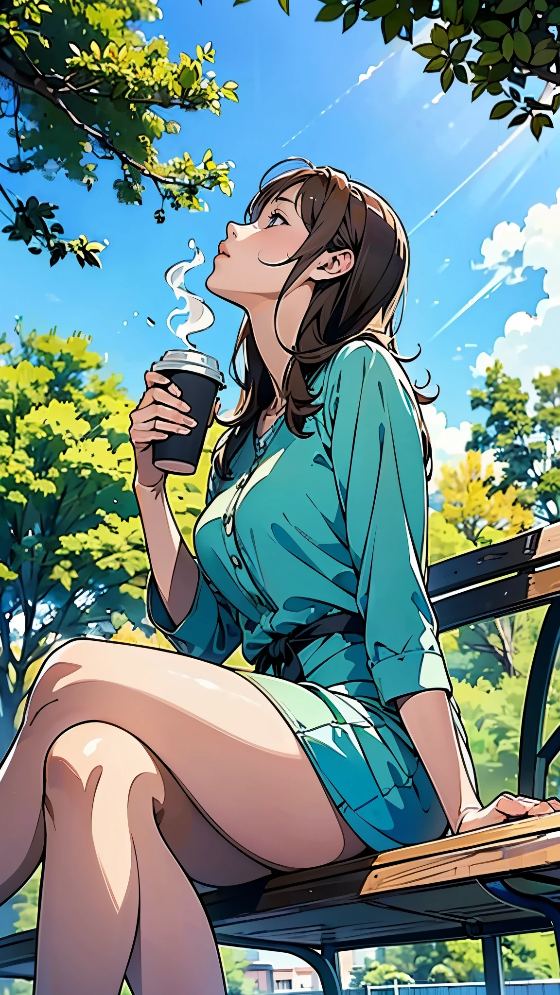 (Woman sitting on a park bench looking up at the sky),(Have a coffee),(Cozy and comfortable seating),(Sunlight filtering through the trees),(Clear skies),(noon),(Ultra-detailed anime-style scenery wallpaper),A woman is drinking coffee alone