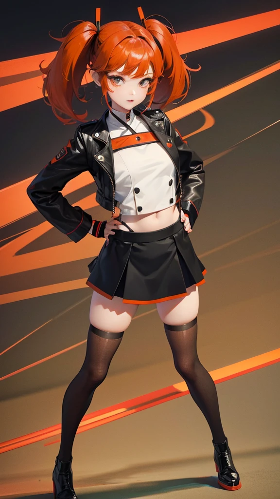 girl in a short skirt in knee-length stockings, red, black and orange hair,Twin Tail, full height, 3D wallpaper.