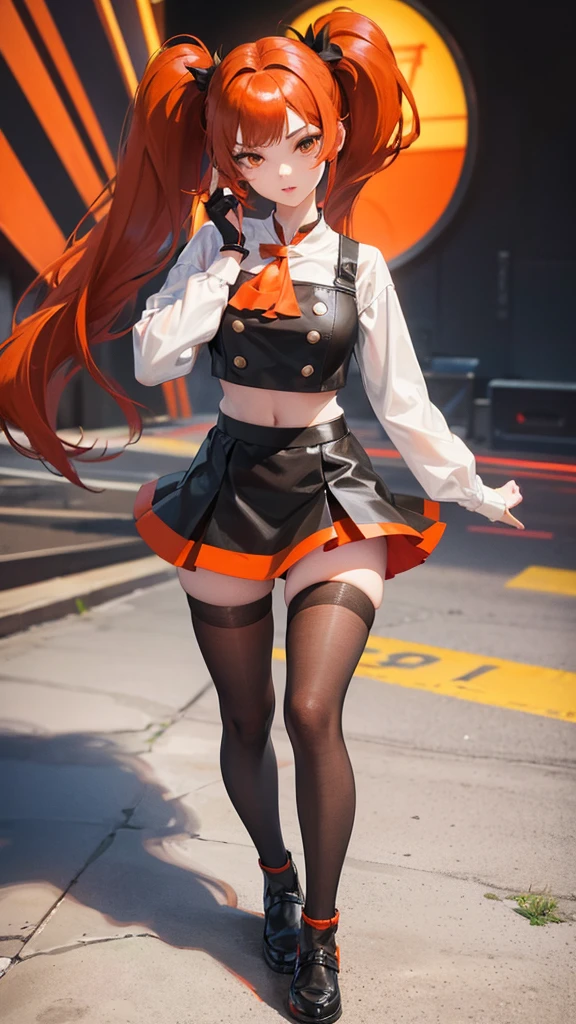 girl in a short skirt in knee-length stockings, red, black and orange hair,Twin Tail, full height, 3D wallpaper.
