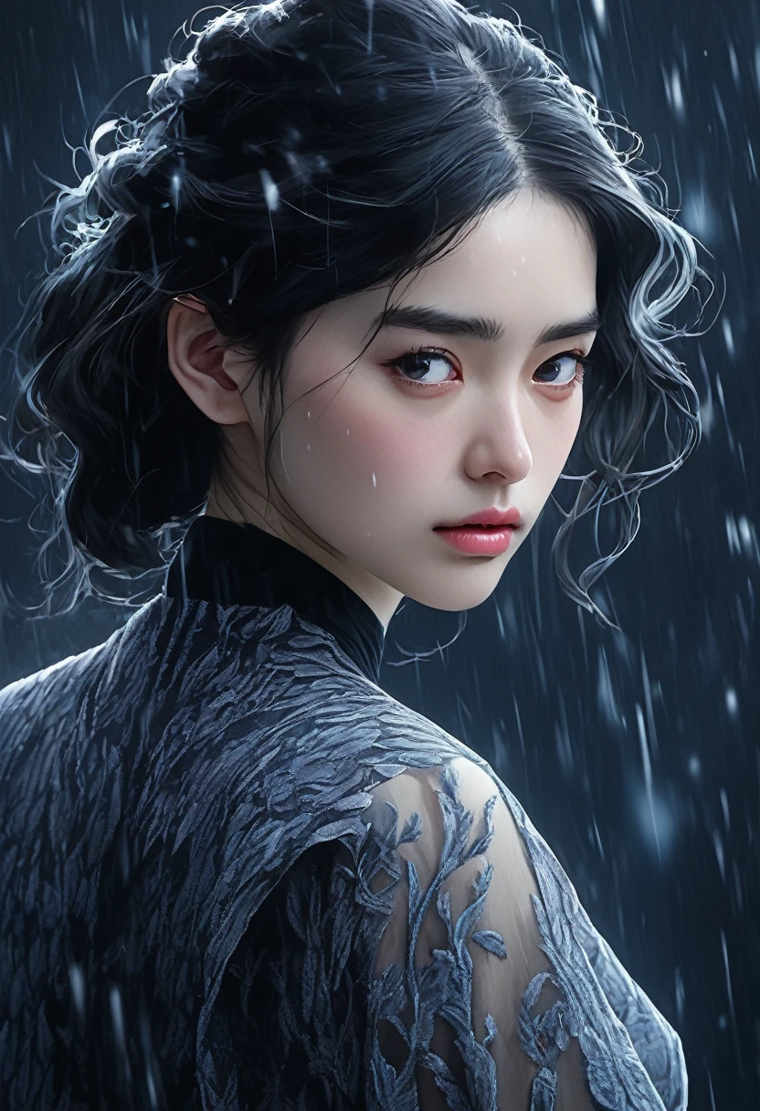 (best quality, hyper-detailed, masterpiece, beautiful image) digital art, 4k, illustrations, young adult, black medium hair, cold, melancholic, dark background, half body up, girl