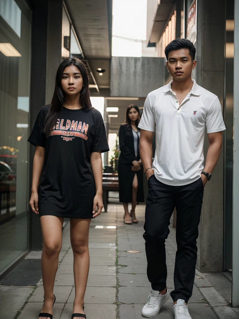 an indonesian man and an indonesian woman standing next to each other, an image, inspired by Adam Dario Keel, which is trending in the cg community, a handsome young indonesian man with a beautiful young indonesian woman, a man dressed in a shirt and a woman dressed in Casual, movie screencap , model elisajes from acquamodels