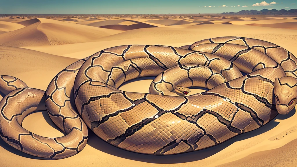 Snakes are attacking people., (A big snake is behind.:1.5) , In the middle of the desert