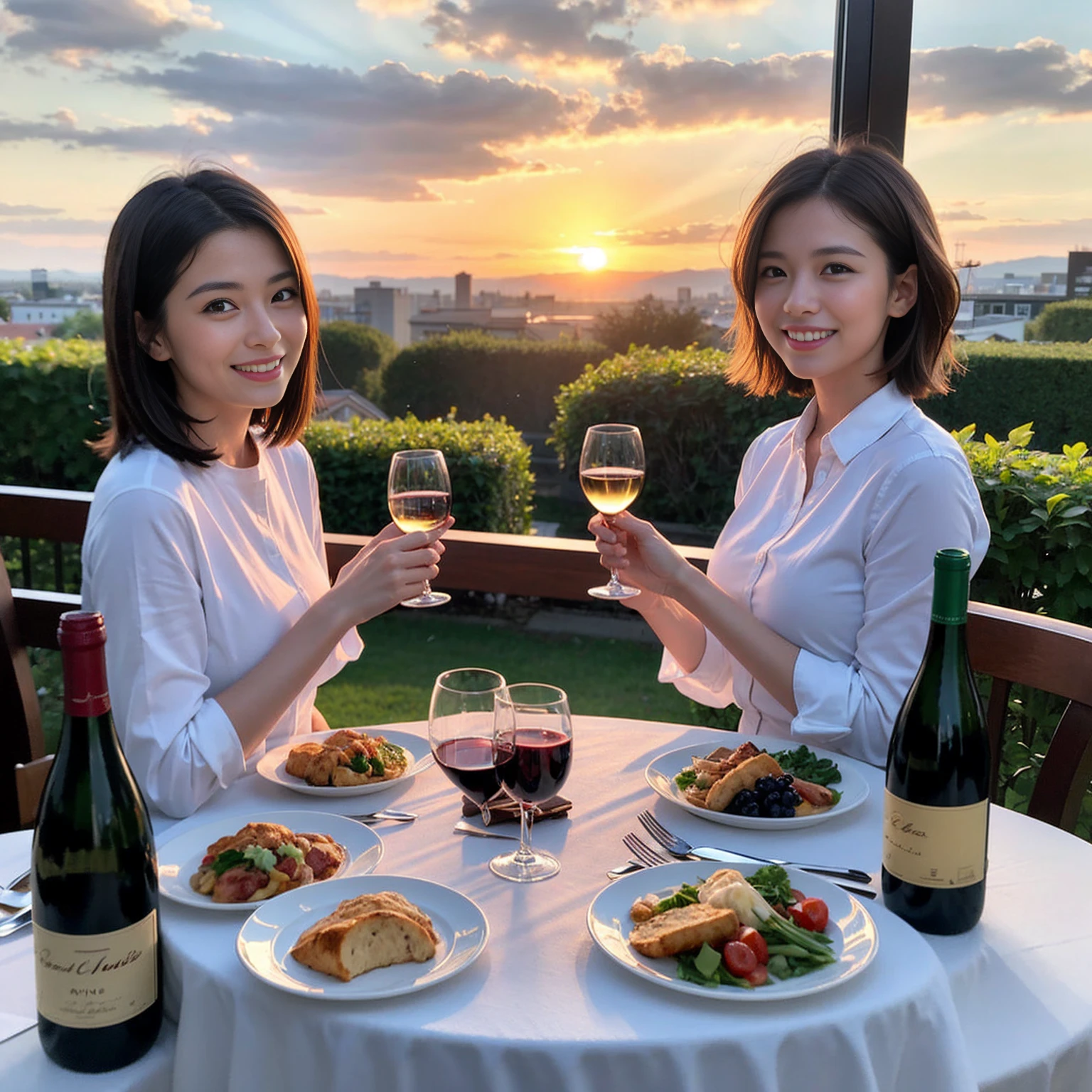 ((Highest quality、8k、masterpiece:1.3))、 (Genuineistic, Genuine、Bright image、Intricate details:1.2), 最高のsmile 男性1人女性1人、Beautiful couple、lover、A good friend、Relatives and friends、couple、actress couple、smile、A full-course dinner with a full table、 (Slim face), (the body is slim), (Brown Hair), (short hair), テーブルのwine glass、Please shine a light on my face、 Amazing view of the sunset sky and clouds、 (33 years old)38 years old, red wine 、Appetizers、Wine bottle、sparkling wine、Long sleeve shirt、dress、White wine, red wine, wine glass, 