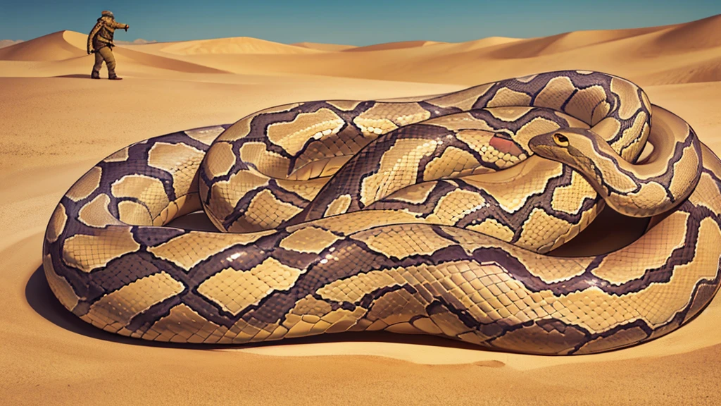 Snakes are attacking people., (A big snake is behind.:1.5) , In the middle of the desert