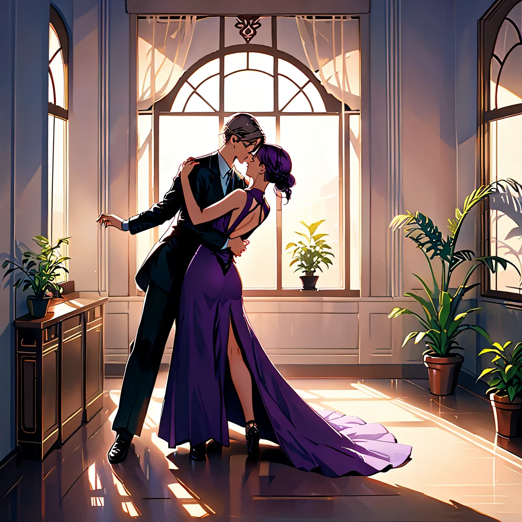 In an Art Deco-style room in the 1920s, an arched window leads to a balcony, it is dusk outside, there is a potted plant by the window, and a man and woman are dancing the tango facing each other. The man is facing forward and the woman has her back to the viewer. The man is wearing a black suit and the woman is wearing a long purple dress. The dress is sleeveless with a large V-shaped opening at the chest and a long slit, exposing their thighs. The lighting is from directly above, and shadows are cast on the eye sockets, making it impossible to read their expressions.
