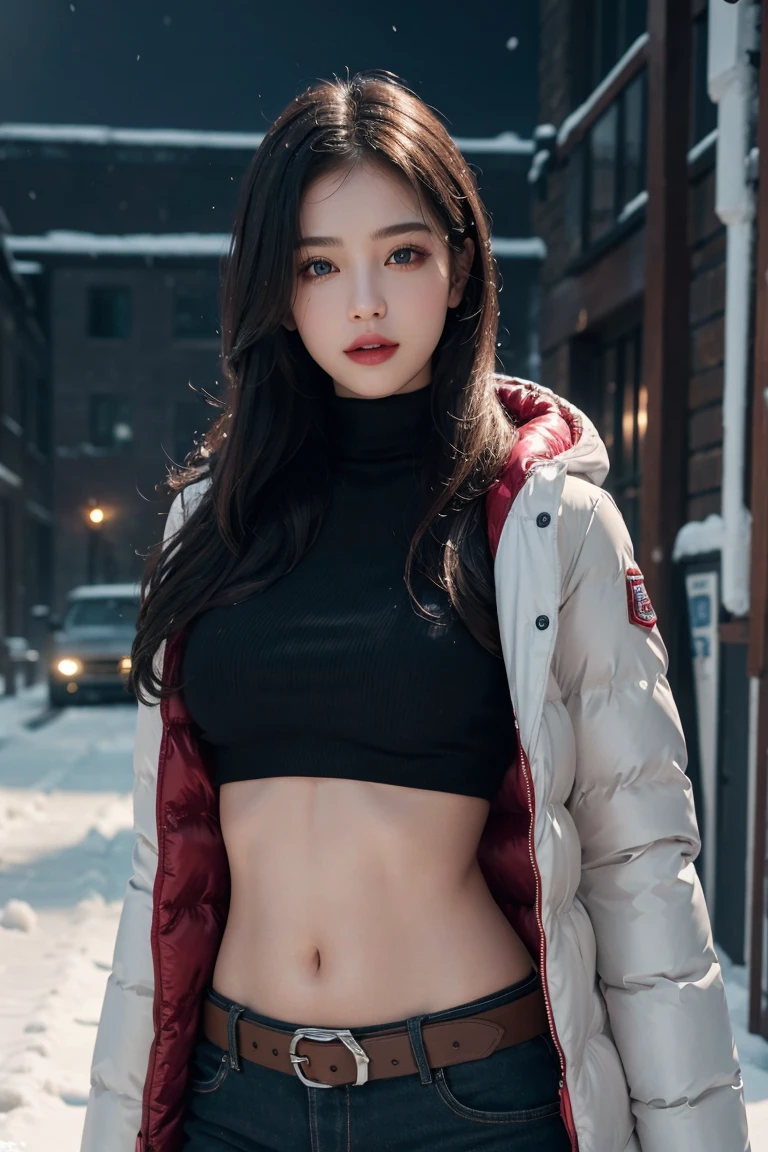 girl in winter scene, Short belly down jacket, Exposed lower abdomen,Low-rise pants, Metal belt, Seven-point lens, The abdomen is completely exposed, Detailed facial features, beautiful eyes, Lips, and long eyelashes, Reality, 8K, Very detailed, Studio Lighting, Dramatic Lighting, Vibrant colors, work, Cold winter atmosphere