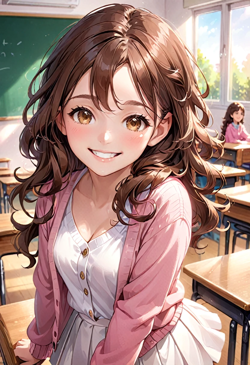 A beautiful young student girl smiling, wide grin, long brown curls, light brown eyes, white skirt, pink cardigan, in a classroom