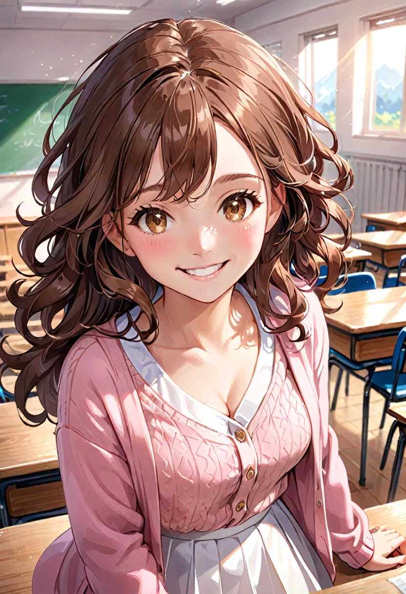 A beautiful young student girl smiling, wide grin, long brown curls, light brown eyes, white skirt, pink cardigan, in a classroom