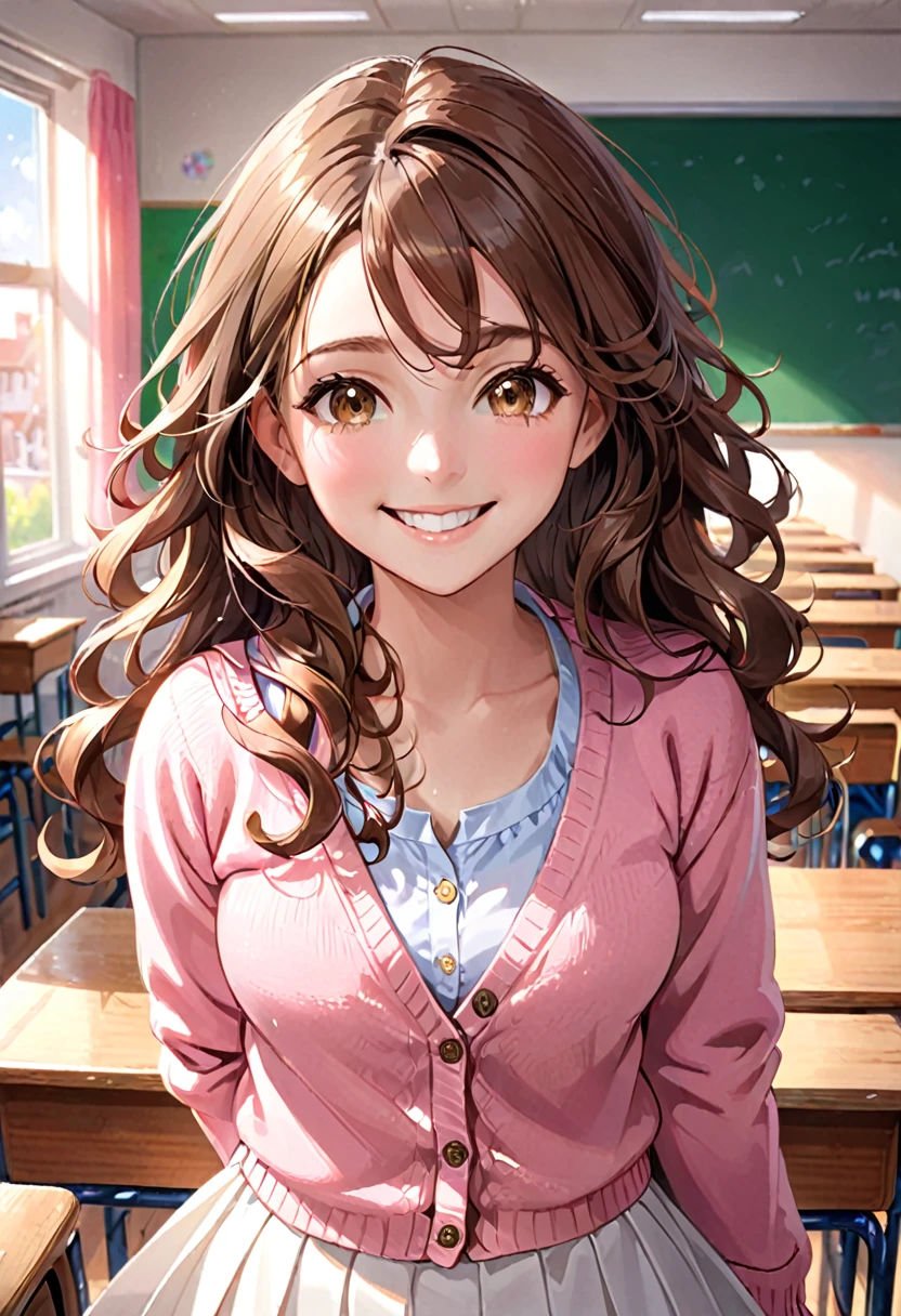 A beautiful young student girl smiling, wide grin, long brown curls, light brown eyes, white skirt, pink cardigan, in a classroom