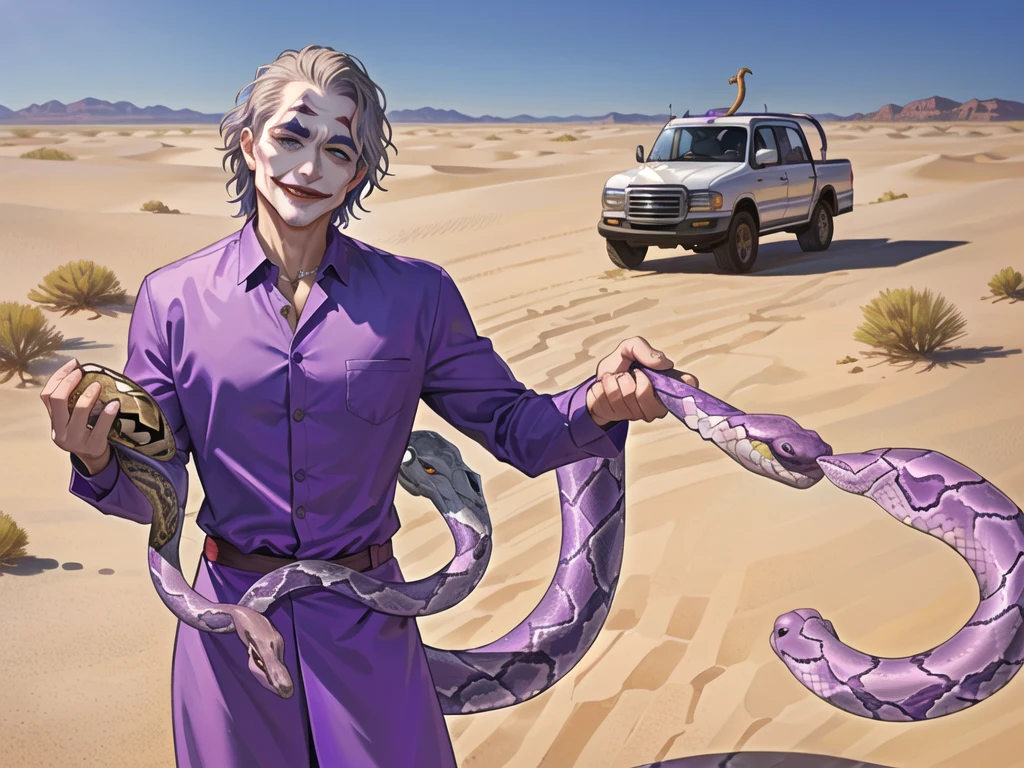 Portrait of a man in his 40s、standing、silver hair、(the joker:1.2)、purple dress , smile , Long body、 、desert background、(holding eggs:1.1) , (pick-up), (A big snake is behind.:1.5)