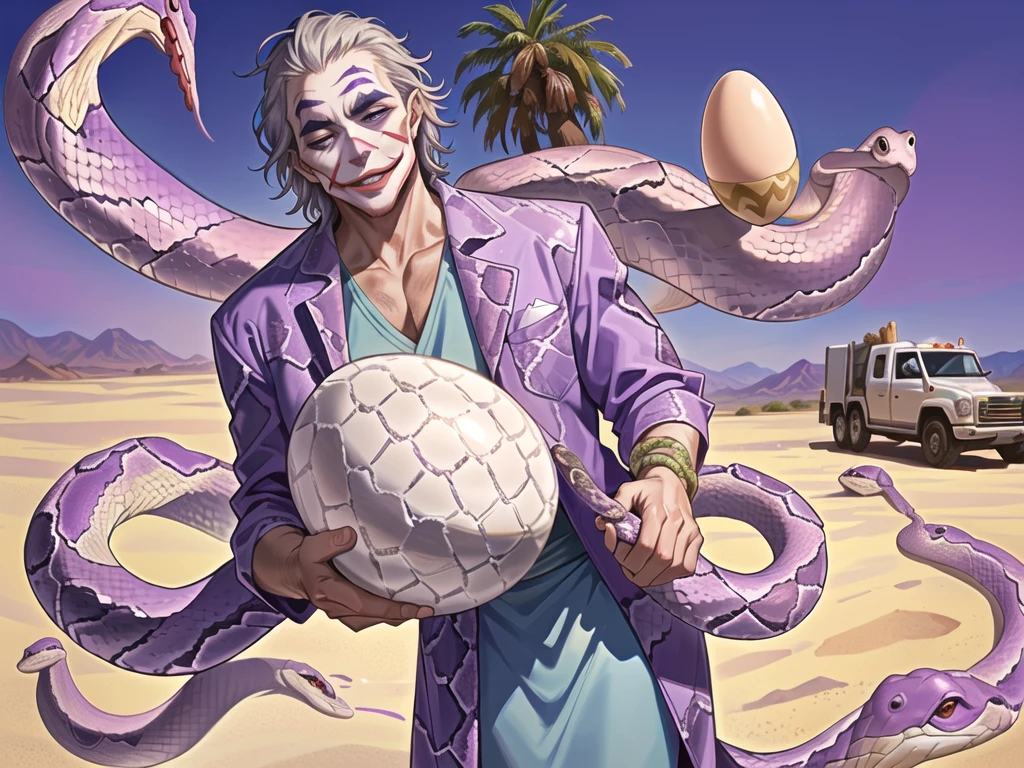 Portrait of a man in his 40s、standing、silver hair、(the joker:1.2)、purple dress , smile , Long body、 、desert background、(holding eggs:1.1) , (pick-up), (A big snake is behind.:1.5)