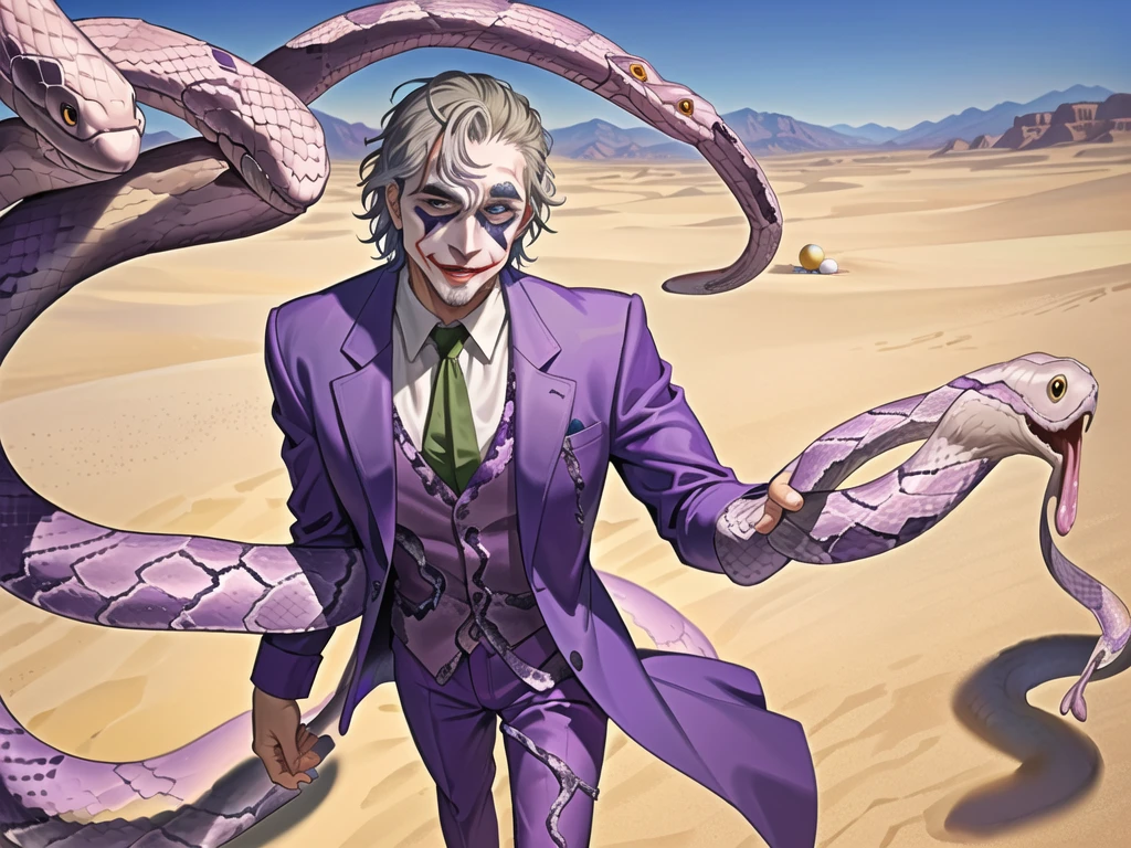 Portrait of a man in his 40s、standing、silver hair、(the joker:1.2)、purple dress , smile , Long body、 、desert background、(holding eggs:1.1) , (pick-up), (A big snake is behind.:1.5)