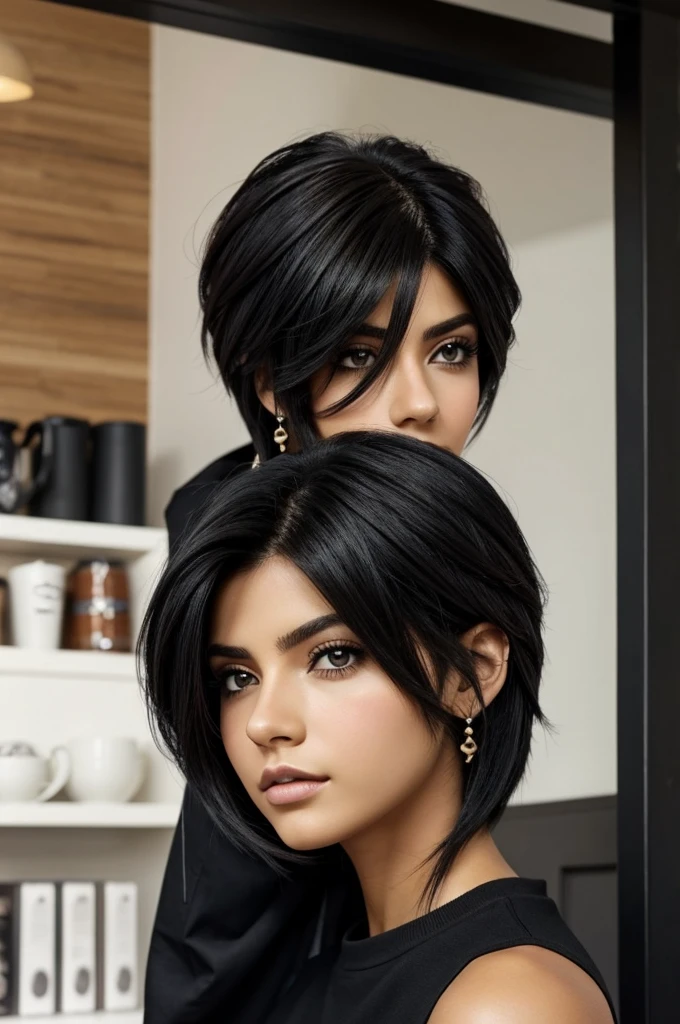 Un chico, de piel un poco clara, cabello negro, ojos color medio cafes claro, corte de cabello corto estilo wolf, tipo animado estilo anime y ropa de color negra aesthetic.