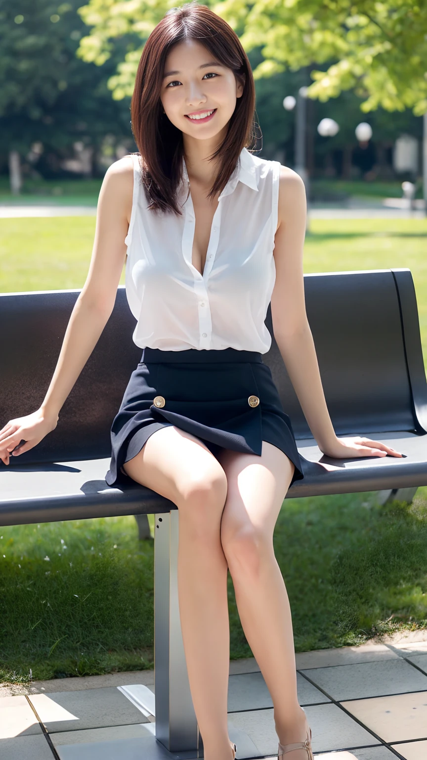 Japanese office lady、Sleeveless Shirt、lunch、sitting on a park bench、smile、Tight mini skirt、masterpiece,best quality,ultra detailed,highres,high-resolution,4k,realistic,RAW photo,((real person)),portrait photography,photorealistic,detailed skin,(delicate black eyes ), A soothing woman with sagging eyes,Calm and calm, middle hair,skinny,clothing,The wind is blowing,tareme、Beautiful legs、Small shirt、Panty shot、((Knees are higher than hips))、White shorts、Bend your knees、Knee Up、(huge breasts)