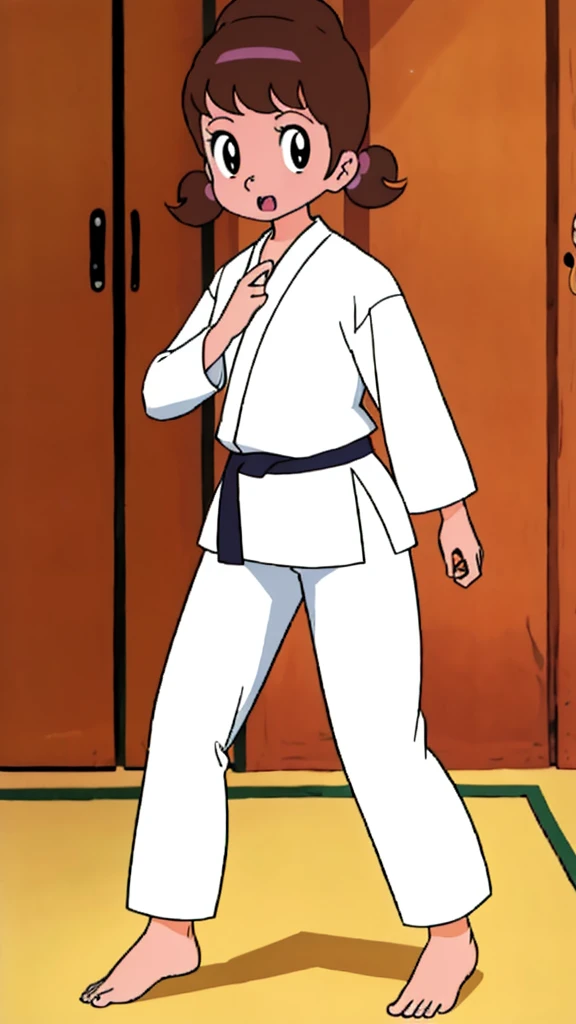 , highest quality, alone,1 girl,
 Akko-chan、Long sleeve white judo wear、白いJudo pants、barefoot、gym、On the tatami、Judo Posture、Grit your teeth、fight。

Wearing a judo uniform、Black belt、