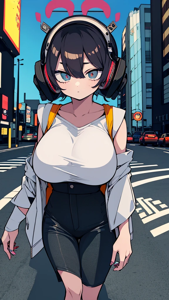 Best quality, (masterpiece:1.2), best detail face,1 girl is walking, big breasts, 18 yo, 8k,absurdres,unity 8k wall paper,(extremely detailed:1.3), highest realistic, (retro headphones:1.1),(psychedelic:1.2),Retro cityscape, 1girl in, retro artstyle, neon art style_Pop, public, outside of house, street signs, loose clothing, 18 yo,Lots of signs with kanji written on them, ((retro city mood)), dark natural pallet