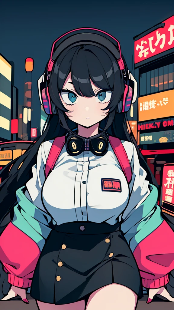 Best quality, (masterpiece:1.2), best detail face,1 girl is walking, big breasts, 18 yo, 8k,absurdres,unity 8k wall paper,(extremely detailed:1.3), highest realistic, (retro headphones:1.1),(psychedelic:1.2),Retro cityscape, 1girl in, retro artstyle, neon art style_Pop, public, outside of house, street signs, loose clothing, 18 yo,Lots of signs with kanji written on them, ((retro city　mood)), dark natural pallet