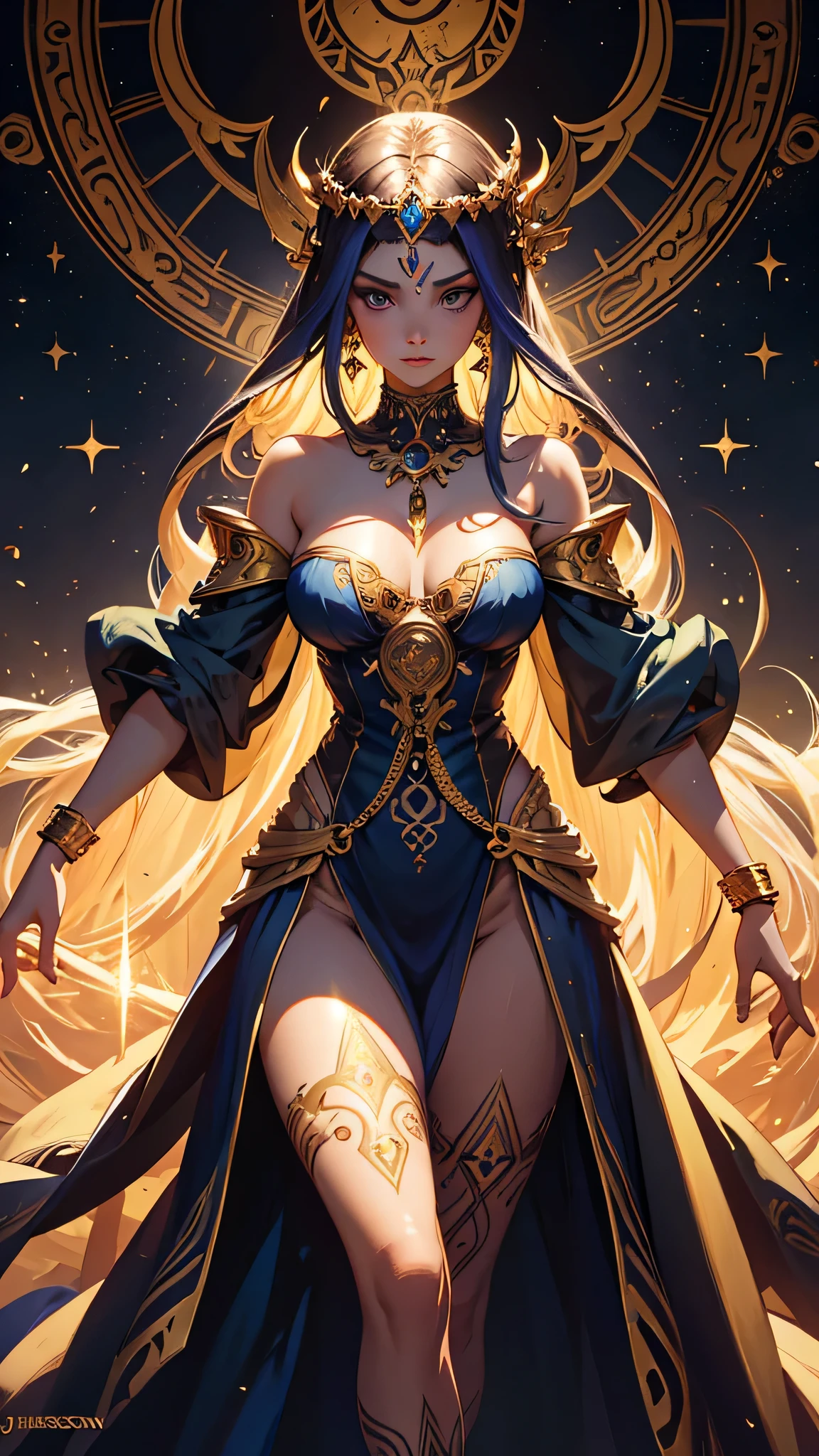 (The Goddess of Sand, beautifully decorated like in the movie, Golden Dress, Shiny gold tattoo), (Galactic Shaman with Quantum Energy Fantasy), Fantasy magic, Long Hair, Dark light night, complicated, Mysterious, Sharp focus, figure, Very detailed, Digital Painting, Concept art, mat, (art：WLOP), (Justin Gerard and Jason Edmiston: 1.5), (By Gregg Rutkowski: 0.4), (Alphonse Mucha: 0.4), masterpiece