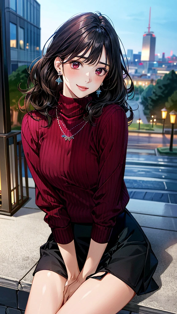 (masterpiece:1.3, Highest quality, Ultra-high resolution, Super detailed), (Realistic, photoRealistic:1.4), Beautiful illustrations, Perfect lighting, colorful, Depth of written boundary, 
Beautiful detailed hair, Beautifully detailed face, Beautiful fine details, Beautiful clavicle, Beautiful body, 美しいLarge Breasts, Beautiful thighs, Beautiful feet, Beautiful fingers, 
View Viewer、Front view:0.6, Beauty1人, Japanese, Beauty、30 years old, Perfect Face, (Perfect ???????, Anatomically correct), Cute and symmetrical face, Baby Face, , Shiny skin, 
((burgundy turtleneck sweater:1.4)),((Garter skirt 1.5))
(Black Hair, Medium Wavy Hair:1.4),  Dark brown eyes, (Large Breasts), Slim body, 
necklace, (Small earrings:1.3), 
(Beautiful views), (night), (city, cityscape in the distance), Sitting on a bench, A soft smile、(Smile, Lips parted), 