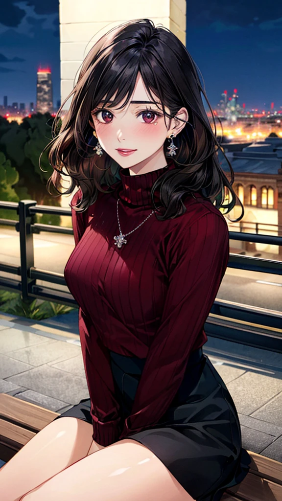 (masterpiece:1.3, Highest quality, Ultra-high resolution, Super detailed), (Realistic, photoRealistic:1.4), Beautiful illustrations, Perfect lighting, colorful, Depth of written boundary,
Beautiful detailed hair, Beautifully detailed face, Beautiful fine details, Beautiful clavicle, Beautiful body, 美しいLarge Breasts, Beautiful thighs, Beautiful feet, Beautiful fingers,
View Viewer、Front view:0.6, Beauty1人, Japanese, Beauty、30 years old, Perfect Face, (Perfect Anatomy, Anatomically correct), Cute and symmetrical face, Baby Face, , Shiny skin,
((burgundy turtleneck sweater:1.4)),((Garter skirt 1.5))
(Black Hair, Medium Wavy Hair:1.4), Dark brown eyes, (Large Breasts), Slim body,
necklace, (Small earrings:1.3),
(Beautiful views), (night), (city, cityscape in the distance), Sitting on a bench, A soft smile、(Smile, Lips parted),