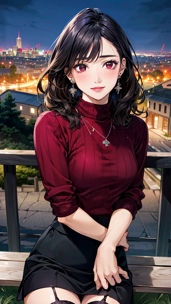 (masterpiece:1.3, Highest quality, Ultra-high resolution, Super detailed), (Realistic, photoRealistic:1.4), Beautiful illustrations, Perfect lighting, colorful, Depth of written boundary,
Beautiful detailed hair, Beautifully detailed face, Beautiful fine details, Beautiful clavicle, Beautiful body, 美しいLarge Breasts, Beautiful thighs, Beautiful feet, Beautiful fingers,
View Viewer、Front view:0.6, Beauty1人, Japanese, Beauty、30 years old, Perfect Face, (Perfect Anatomy, Anatomically correct), Cute and symmetrical face, Baby Face, , Shiny skin,
((burgundy turtleneck sweater:1.4)),((Garter skirt 1.5))
(Black Hair, Medium Wavy Hair:1.4), Dark brown eyes, (Large Breasts), Slim body,
necklace, (Small earrings:1.3),
(Beautiful views), (night), (city, cityscape in the distance), Sitting on a bench, A soft smile、(Smile, Lips parted),