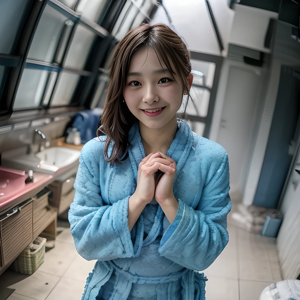 raw photo , 8K, ultra detailed, (realistic:1.2), (1girl:1.3), 20yo, japanese, (round face),(blue bathrobe:1.4), (smile, blush:1.3), (looking at viewer:1.3),(heart hands:1.3), standing, thigh, reinopool,