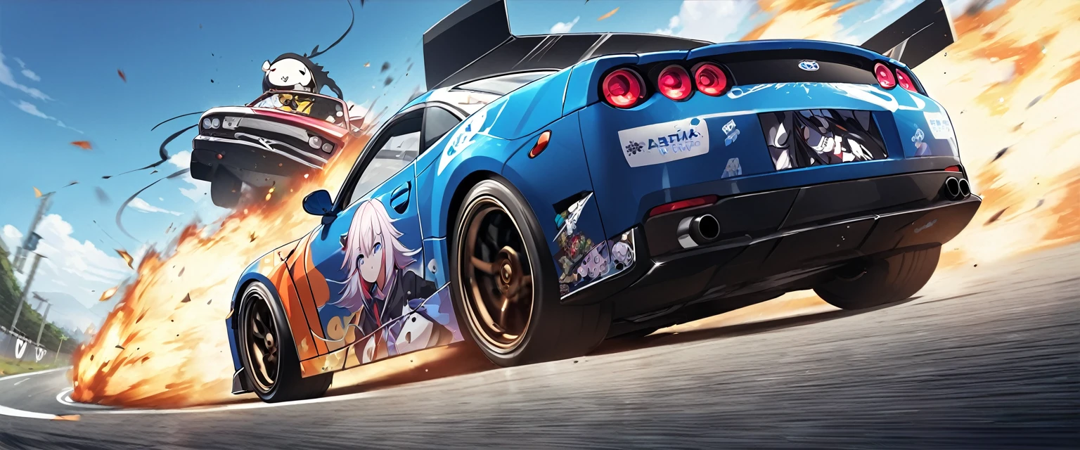 Two sports cars、race、Dead Heat、((The hood has a Japanese anime girl printed on it.))、((Car wrapping))、Itasha、drift、battle、Dead Heat、Winding Road、Speed, from below