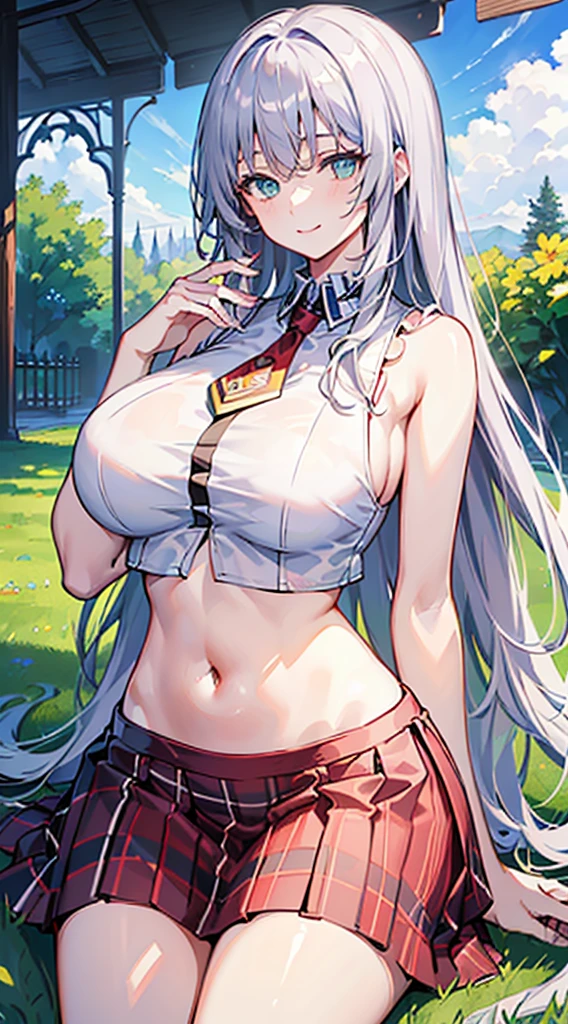 A very cute sister sitting on the lawn，(Large Breasts:1.8)，Card issuance，Perfect body，(Long purple-gray hair)，(Blue-green eyes)，High Detail，high quality，(White crop top shirt:1.5)，(Navel exposed:1.5)，(sleeveless:1.2)，(red plaid skirt)，Gentle smile，whole body，(Big Ass:1)，