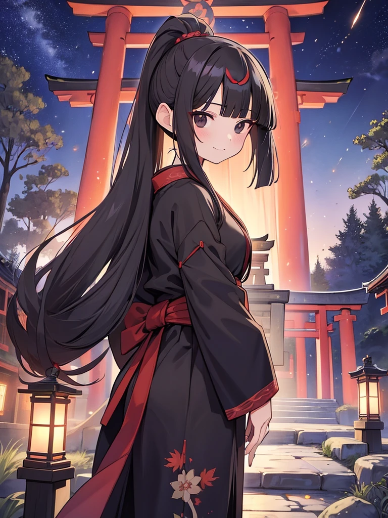 masutepiece, ultra-detailliert, best quality, at night, little smile, a lot of fireflies, Shrine maiden, shrine, Deep forest, Stone torii gate, Black Hair, long hair, (Blunt Bangs:1.6), Hair tied in a ponytail, black eyes, Juozhen,