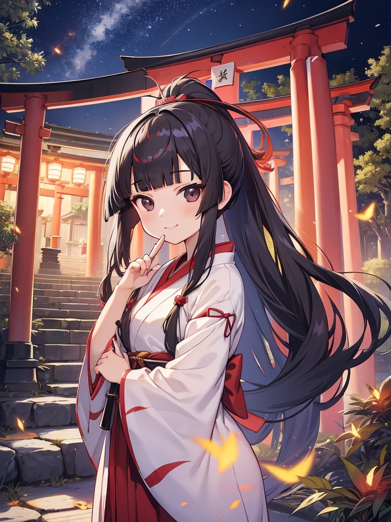 masutepiece, ultra-detailliert, best quality, at night, little smile, a lot of fireflies, Shrine maiden, shrine, Deep forest, Stone torii gate, Black Hair, long hair, (Blunt Bangs:1.6), Hair tied in a ponytail, black eyes, Juozhen,