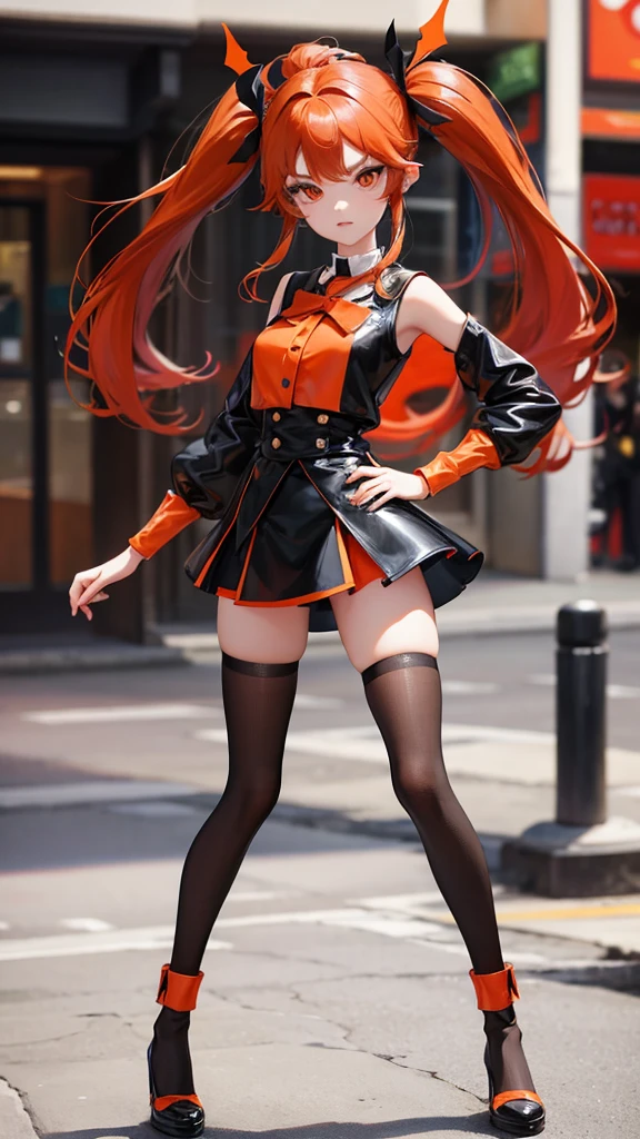 girl in a short skirt in knee-length stockings, red, black and orange hair,Twin Tail, full height, 3D wallpaper.